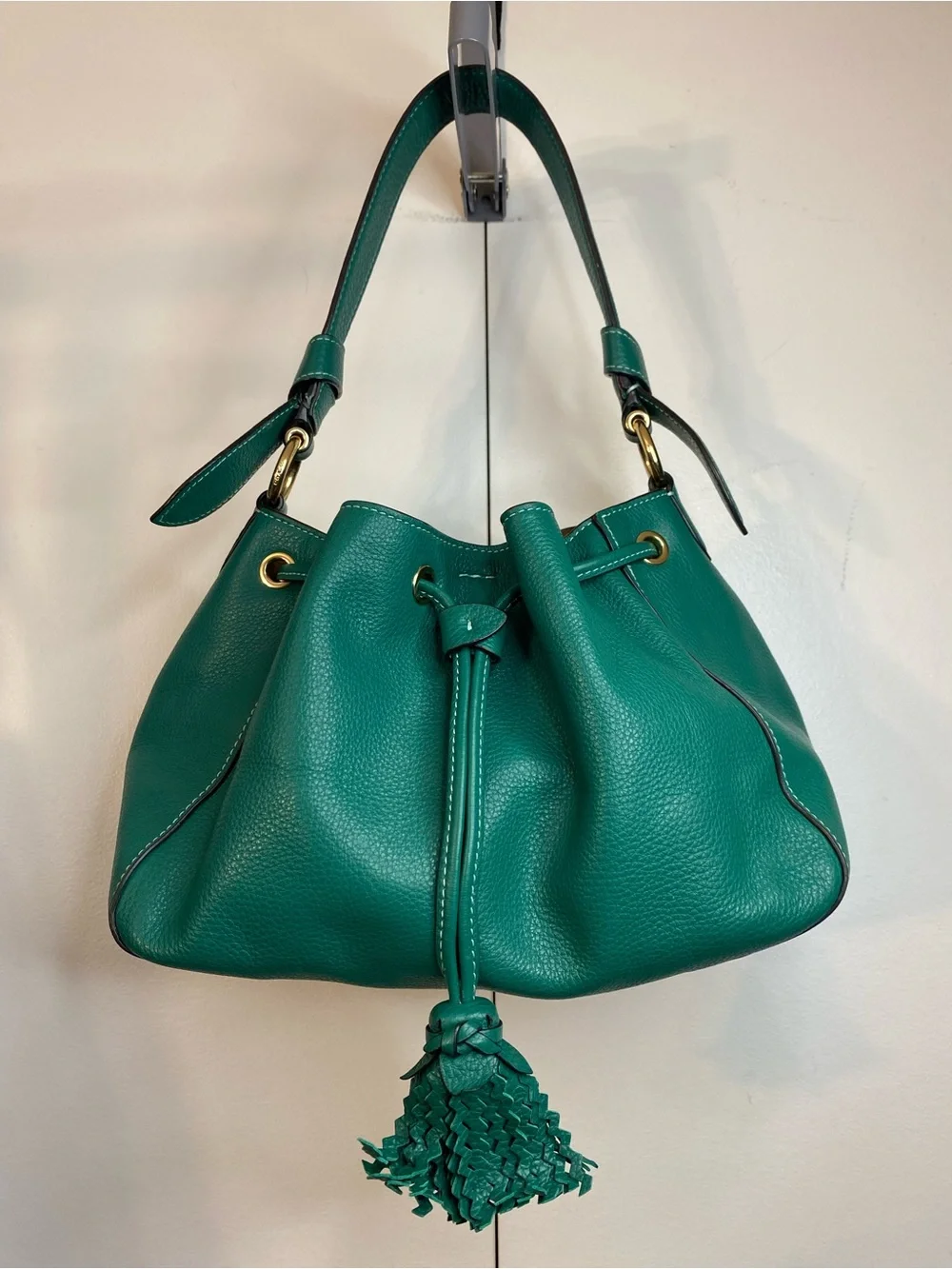 Coach Everly Jade Green Leather Drawstring Bucket Bag, Tassel w/ gold hardware